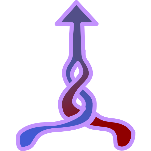 Two strands, one grading from blue to purple the other red to purple come together and intertwine before merging into a purple arrow pointing up. The image has light line art.
